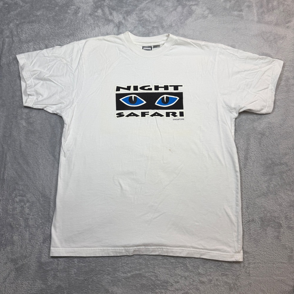 Vintage Night Safari Singapore Graphic T Shirt XL White Animal Eyes Y2K